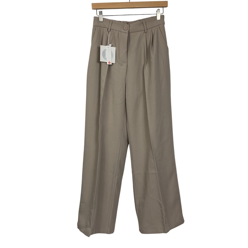 DECIVI Pants Womens Medium Tan Pleated High Waist Wide Leg Stretch Trousers NWT